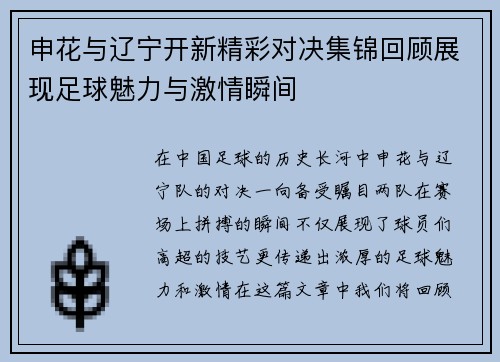 申花与辽宁开新精彩对决集锦回顾展现足球魅力与激情瞬间